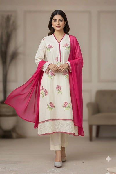 3 Piece Stitched Chikankari Dress - Ready To Wear