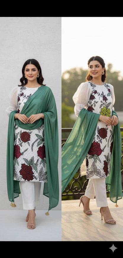 3 Piece Stitched Chiffon Dress - Ready To Wear