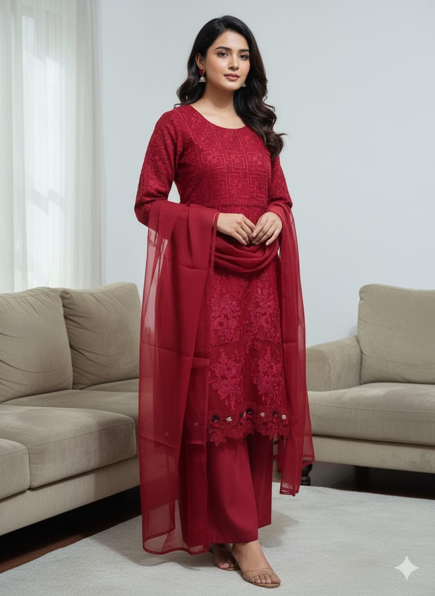 3 Piece Stitched Chikankari Dress - Ready To Wear