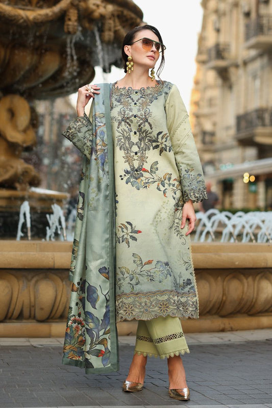 03-Piece Embroidered Lawn Suit With Digital Printed Dupatta