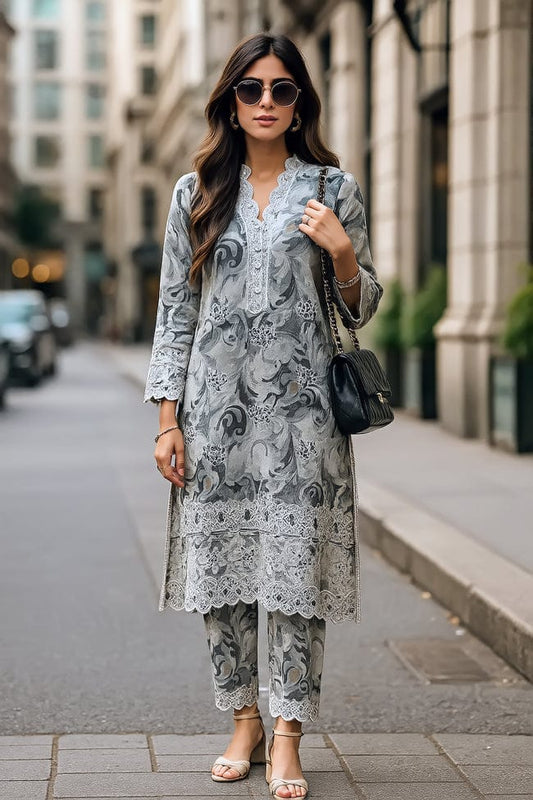 03-Piece Embroidered Printed Lawn With Chiffon Dupatta - Ready To Wear