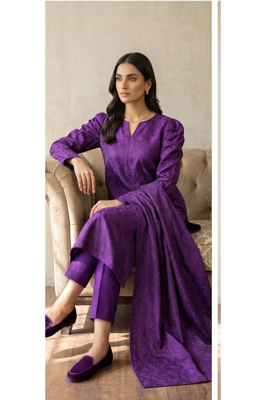 03-Piece Jamawar Suit With Khaddi Net Dupatta - Ready To Wear