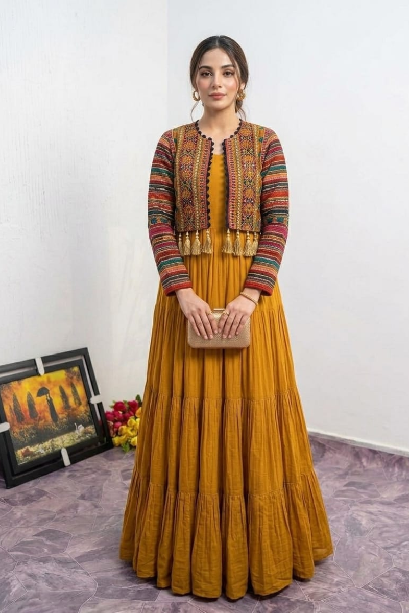 02-Piece Long frock With Jacket - Ready To Wear