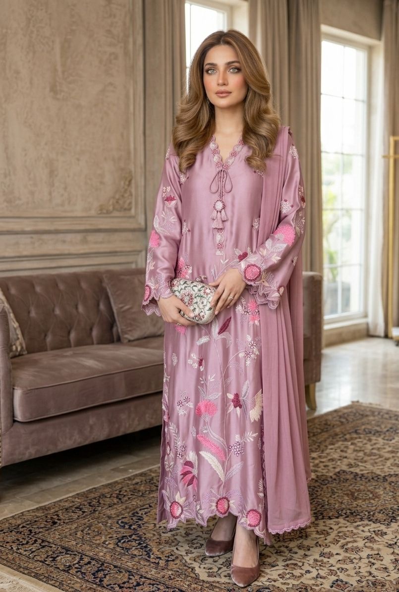 03-Piece Embroidered Suit With Chiffon Dupatta | Ready To Wear