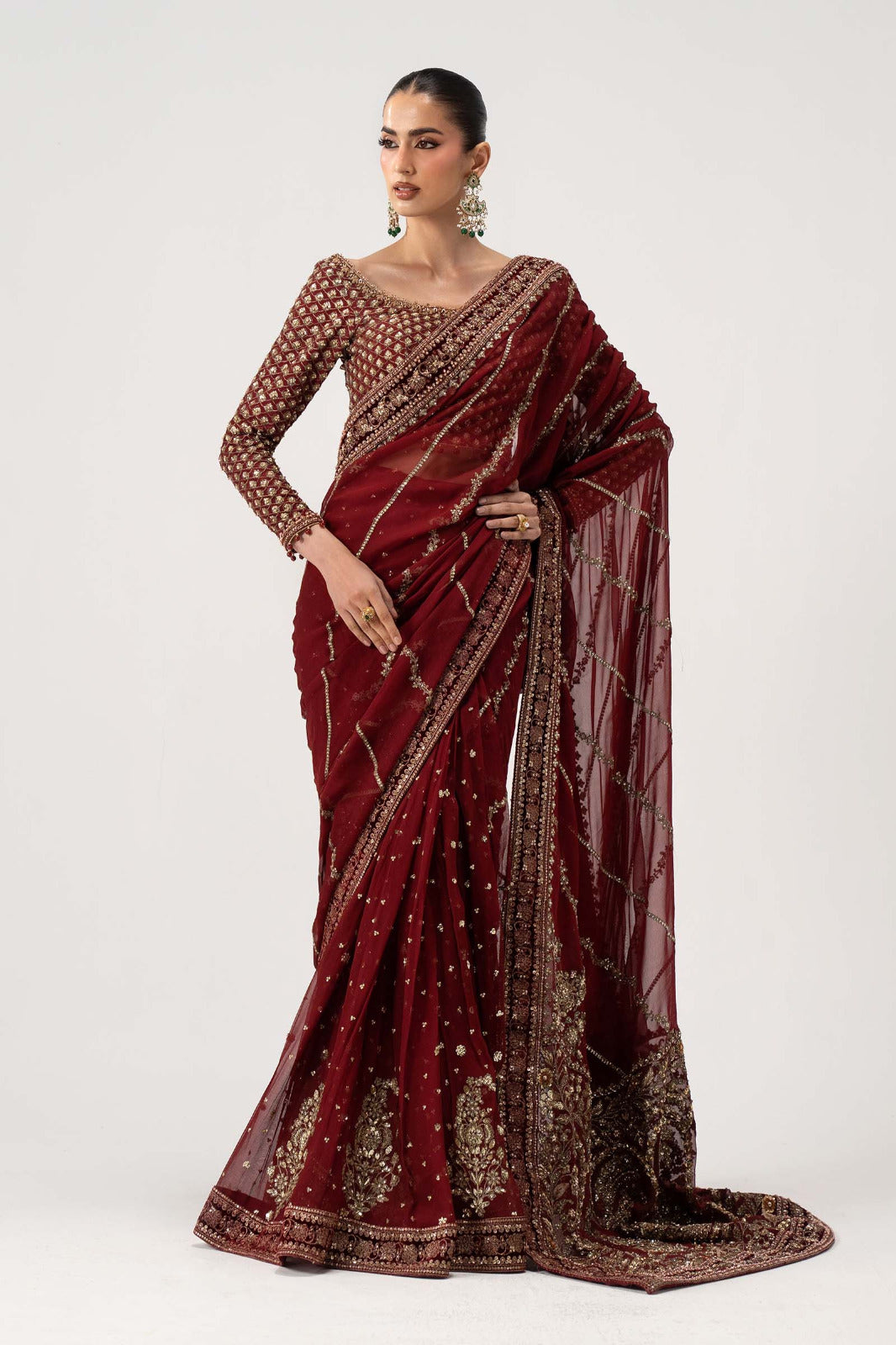 Sequined Embroidered Chiffon Saree with Raw Silk Blouse | Ready To Wear