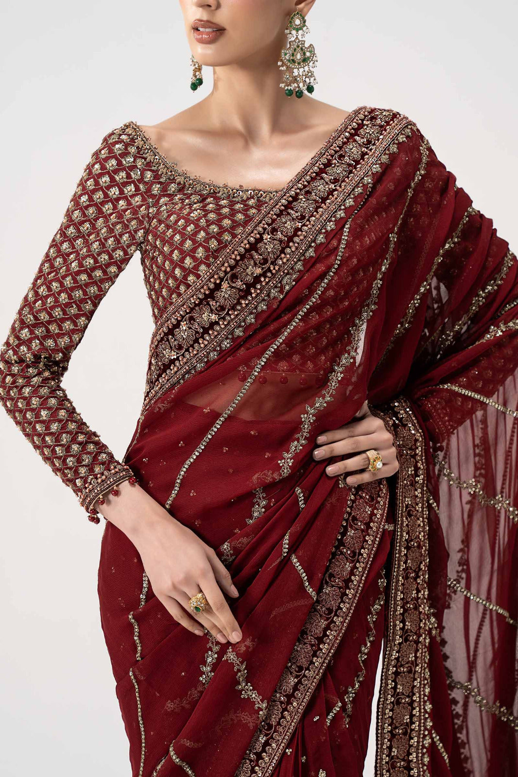 Sequined Embroidered Chiffon Saree with Raw Silk Blouse | Ready To Wear
