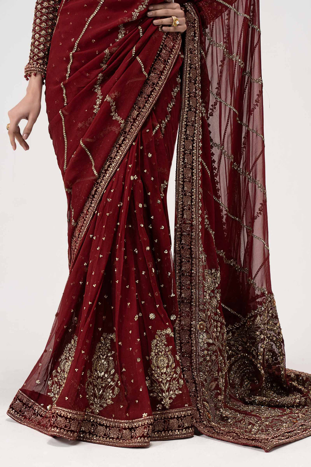 Sequined Embroidered Chiffon Saree with Raw Silk Blouse | Ready To Wear