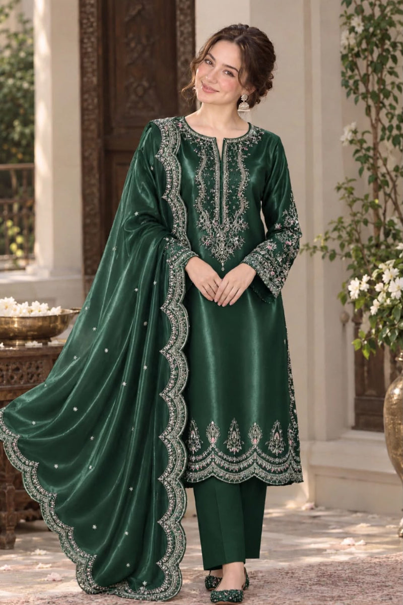 Luxury Sheesha Silk Heavy Embroidered 3-Piece Suit | Ready To Wear