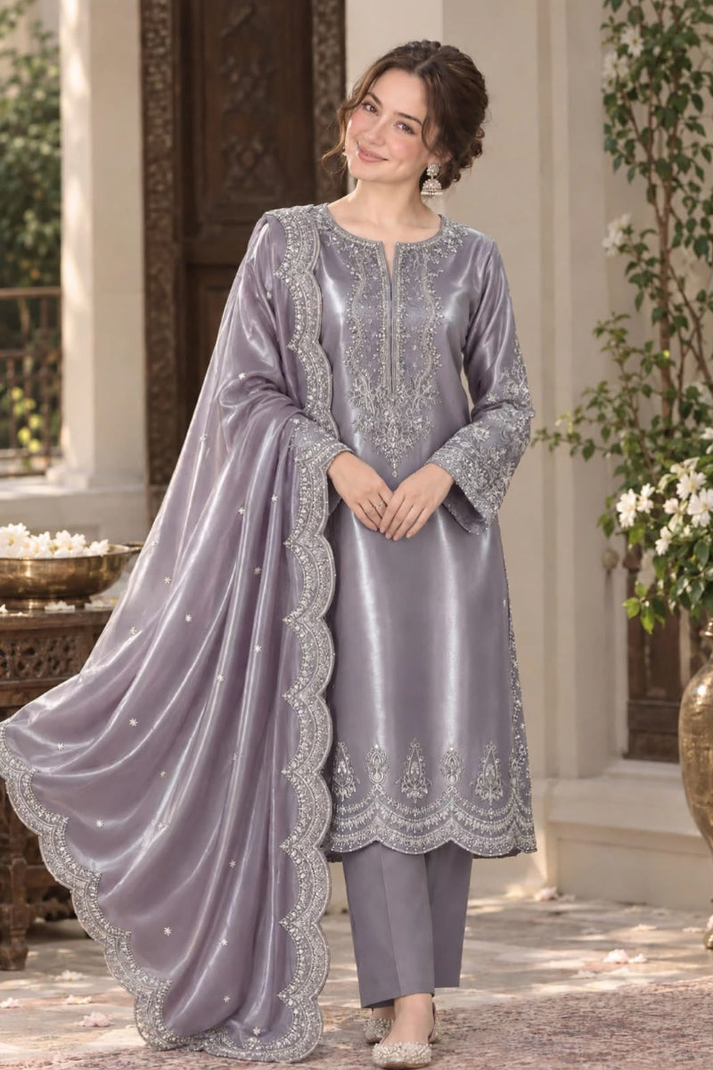 Luxury Sheesha Silk Heavy Embroidered 3-Piece Suit | Ready To Wear