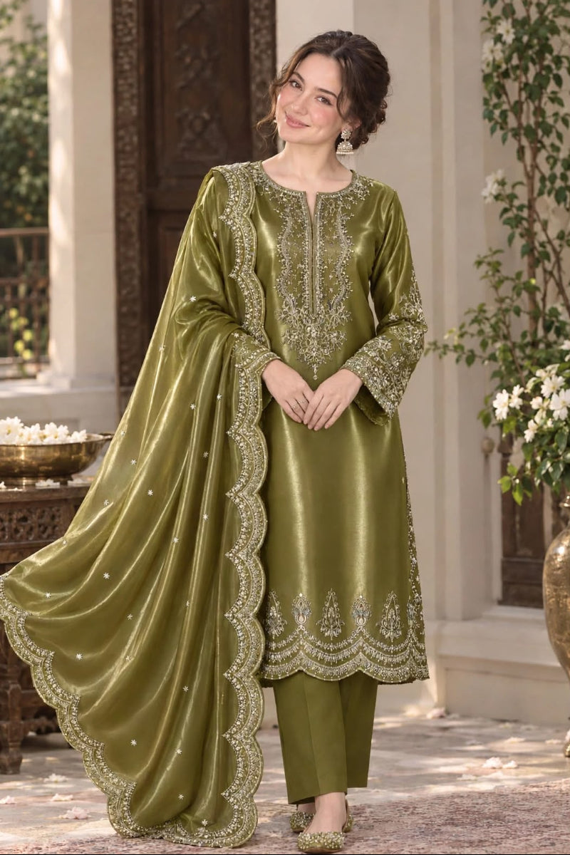 Luxury Sheesha Silk Heavy Embroidered 3-Piece Suit | Ready To Wear
