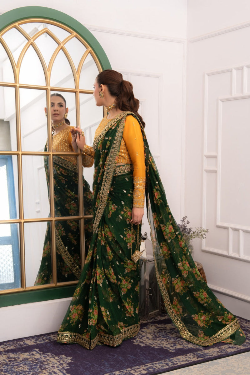 Bottle Green & Mustard Chiffon Embroidered Luxury Wedding Saree | Ready To Wear