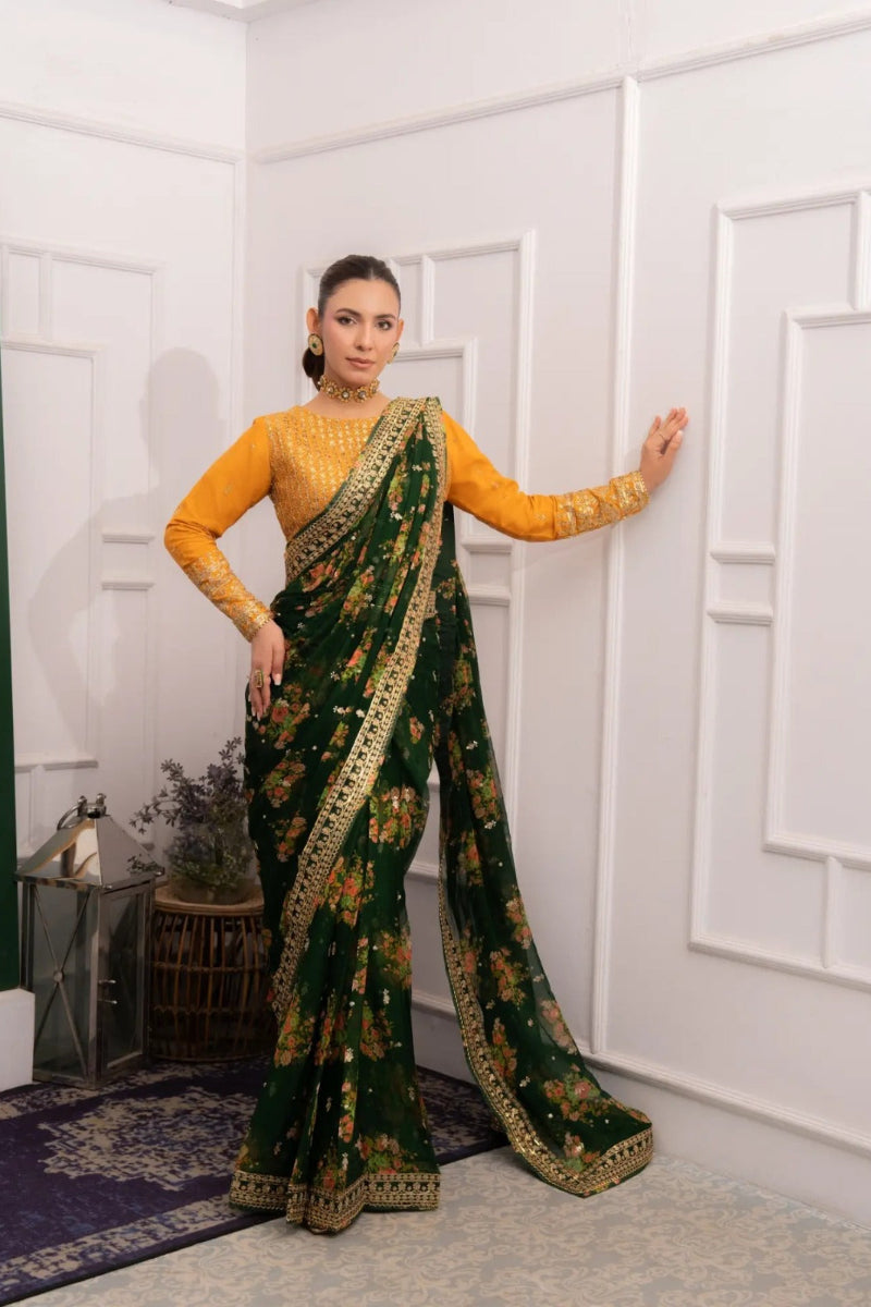 Bottle Green & Mustard Chiffon Embroidered Luxury Wedding Saree | Ready To Wear