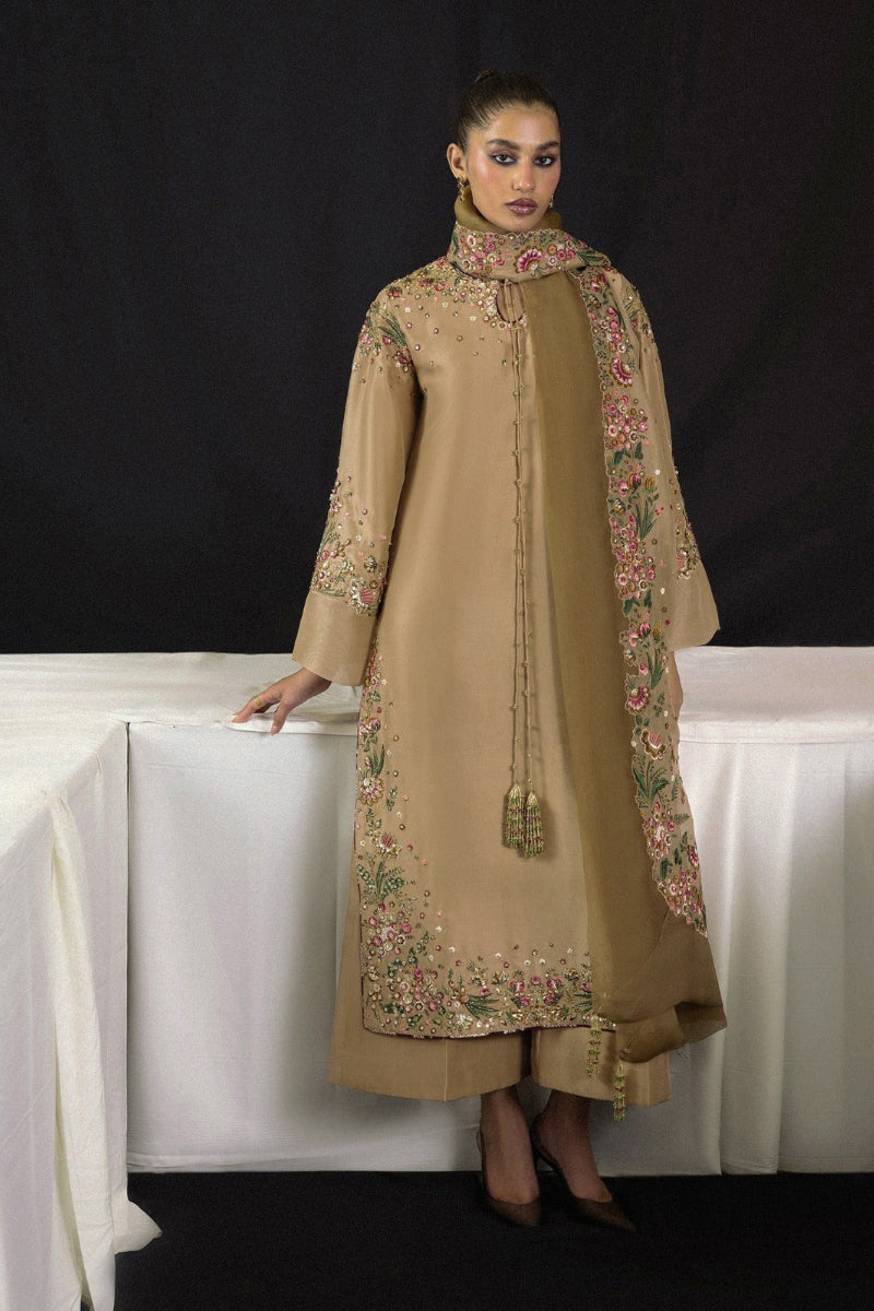Beige & Olive Green Organza Embroidered Twin Sequined 3-Piece Suit | Ready To Wear