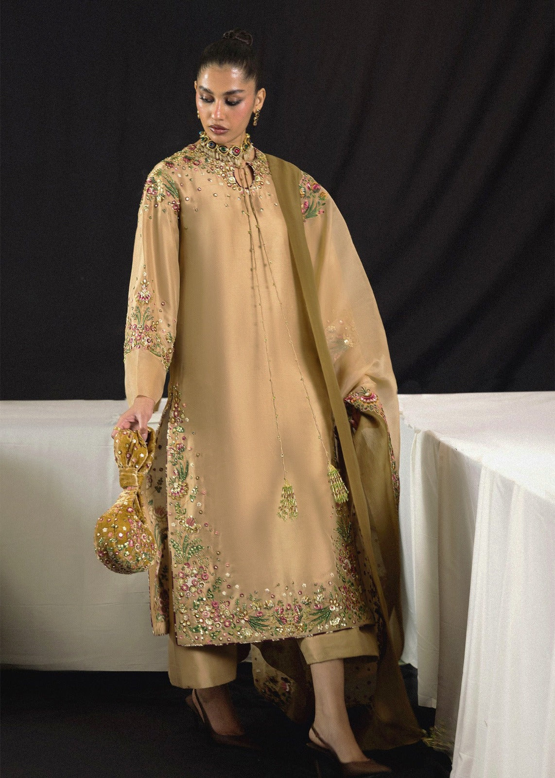 Beige & Olive Green Organza Embroidered Twin Sequined 3-Piece Suit | Ready To Wear
