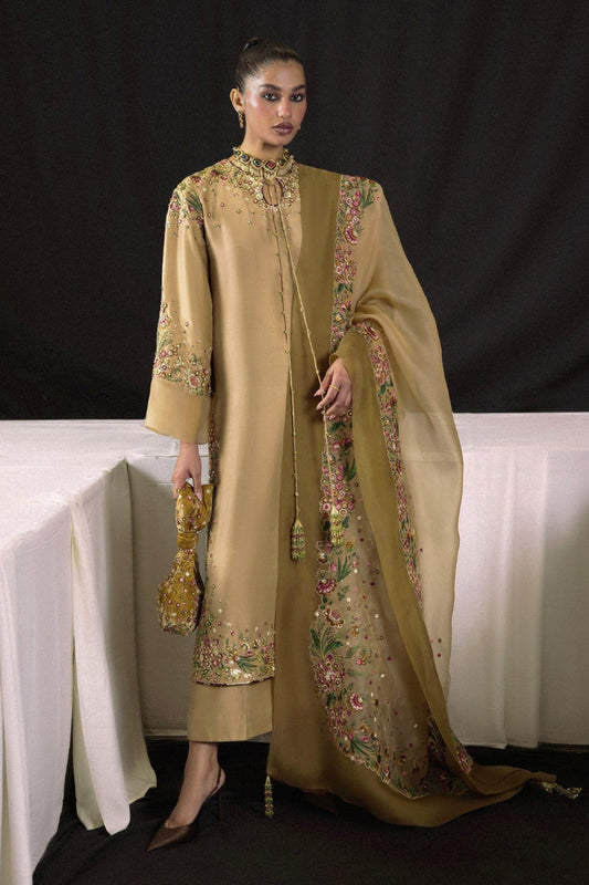 Beige & Olive Green Organza Embroidered Twin Sequined 3-Piece Suit | Ready To Wear