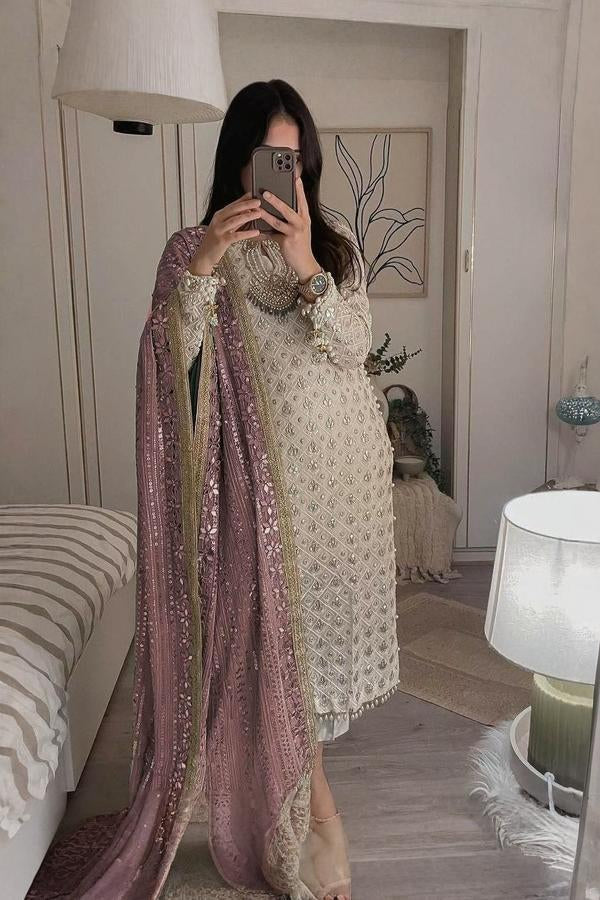 Pure Chiffon Fabric Top & Dupatta Set With Pant