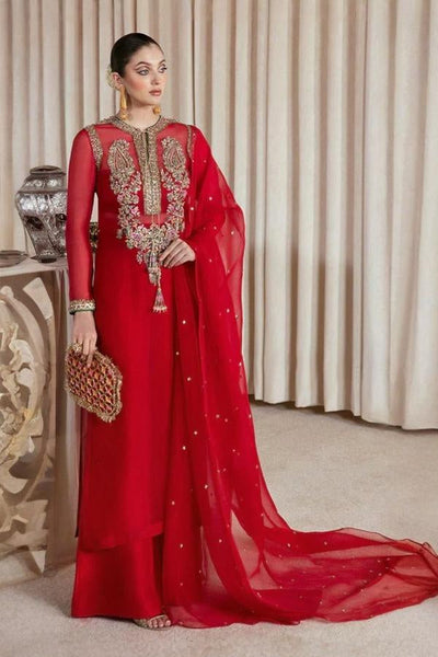 3 Piece Stitched Red Organza Dress - Ready To Wear