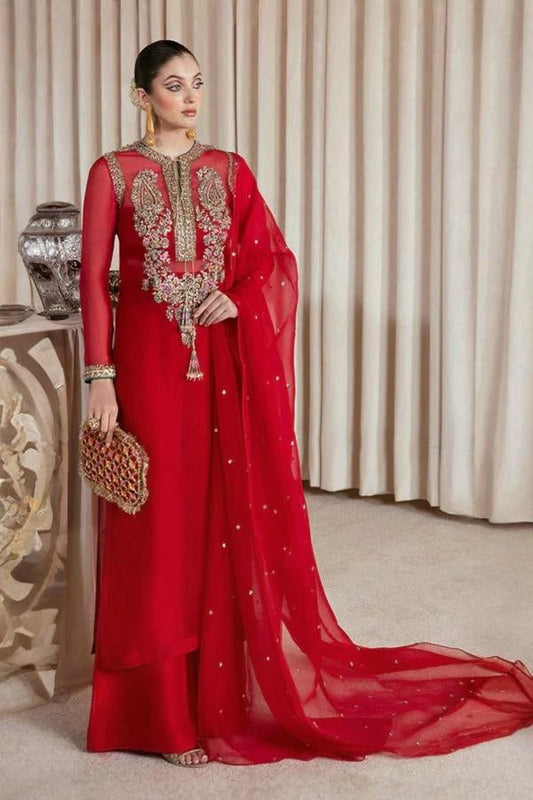 3 Piece Stitched Red Organza Dress - Ready To Wear