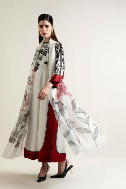 3 Piece Stitched Kaftan in Silk Fabric - Ready To Wear