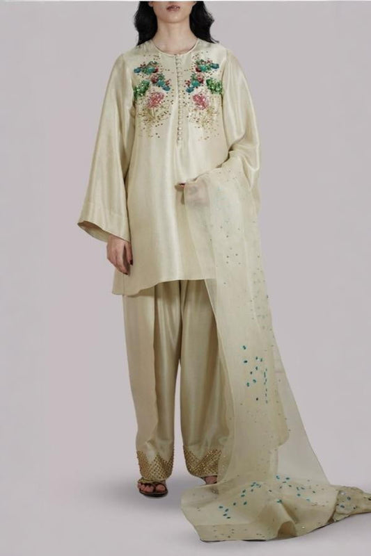 3 Piece Stitched Silk Organza Dress - Ready To Wear