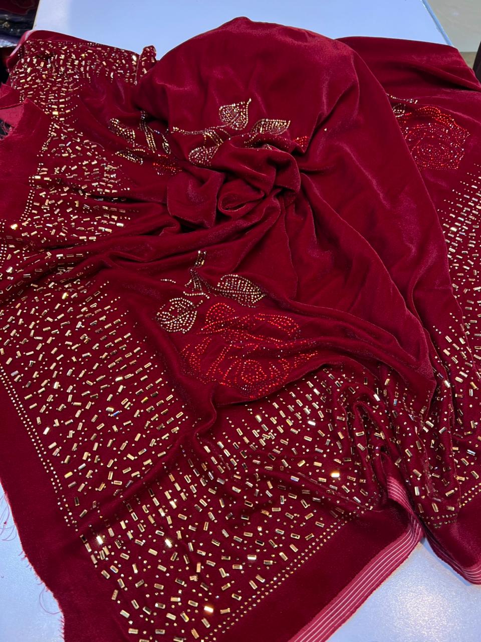 3 Piece Velvet Suit Set with 4-Side Border Shawl -  Ready to Wear