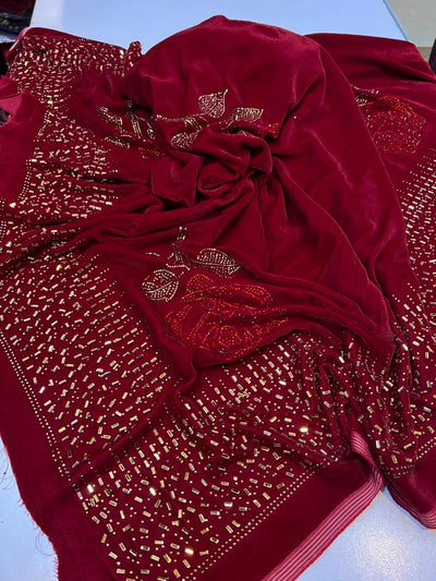 3 Piece Velvet Suit Set with 4-Side Border Shawl -  Ready to Wear