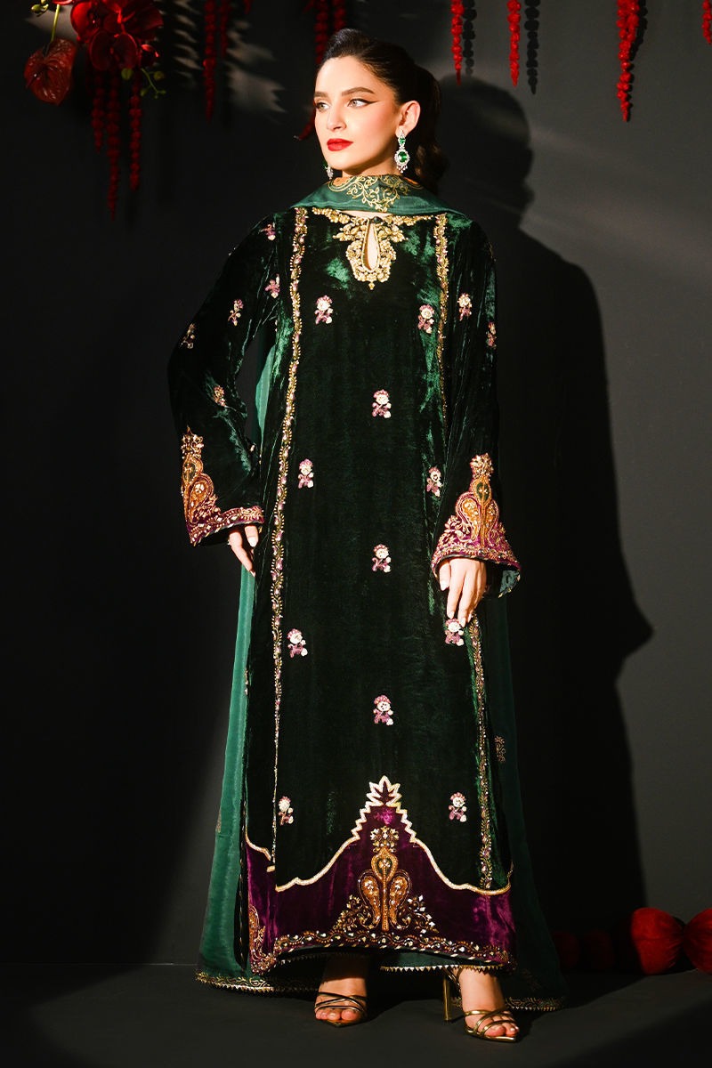 3  Piece Luxury Formals Embroidered Velvet Dress
