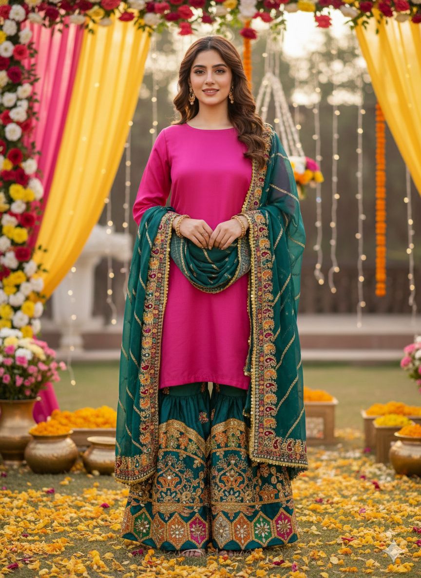 3 Piece Stitched  Gharara suit - Ready  to Wear