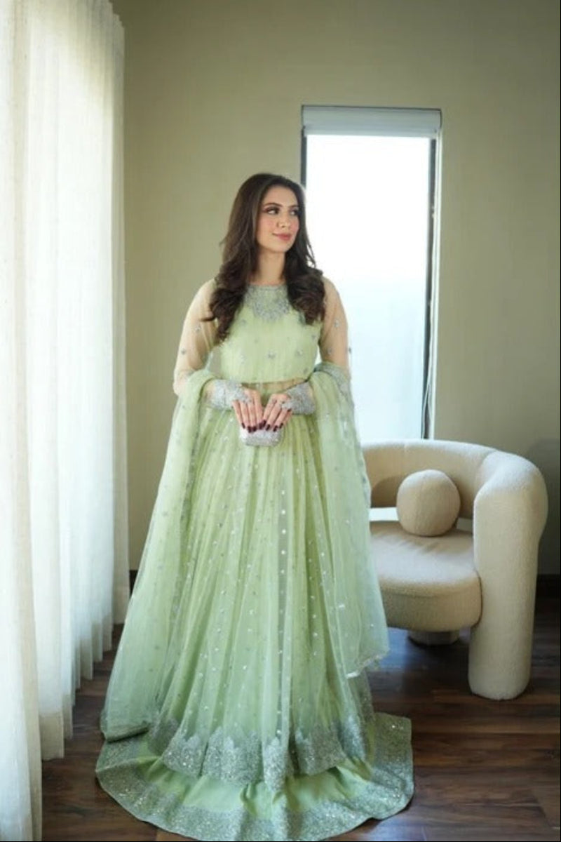 03 Piece Mint Green Embroidered Net Pishwas Maxi - Ready To Wear