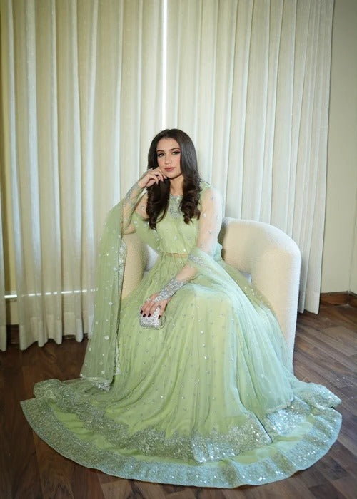 03 Piece Mint Green Embroidered Net Pishwas Maxi - Ready To Wear
