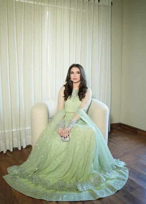 03 Piece Mint Green Embroidered Net Pishwas Maxi - Ready To Wear