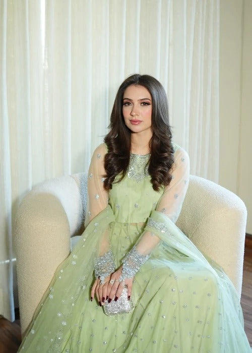 03 Piece Mint Green Embroidered Net Pishwas Maxi - Ready To Wear