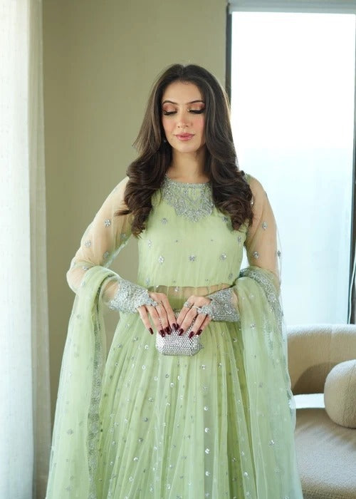03 Piece Mint Green Embroidered Net Pishwas Maxi - Ready To Wear