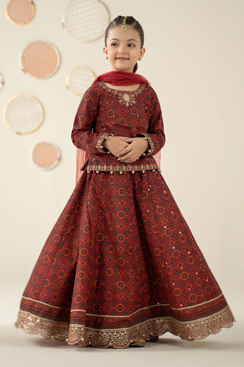 03 Piece Maroon Embroidered Chiffon Suit - Ready To Wear