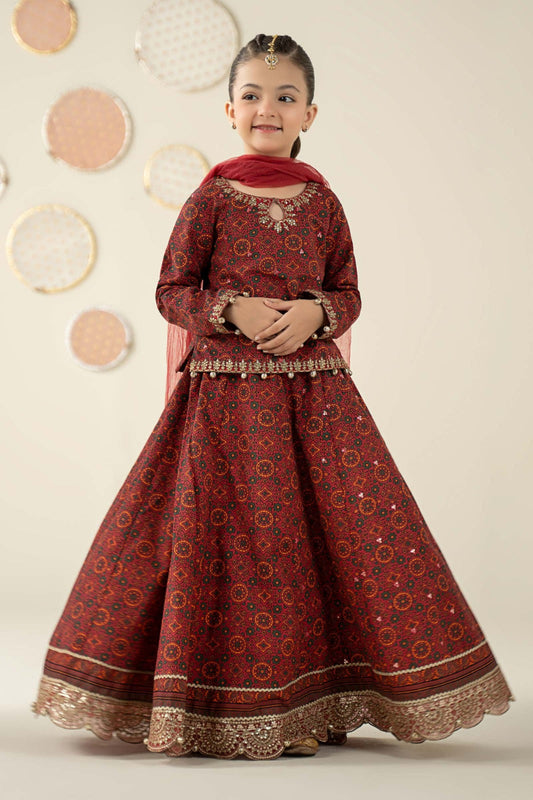 03 Piece Maroon Embroidered Chiffon Suit - Ready To Wear