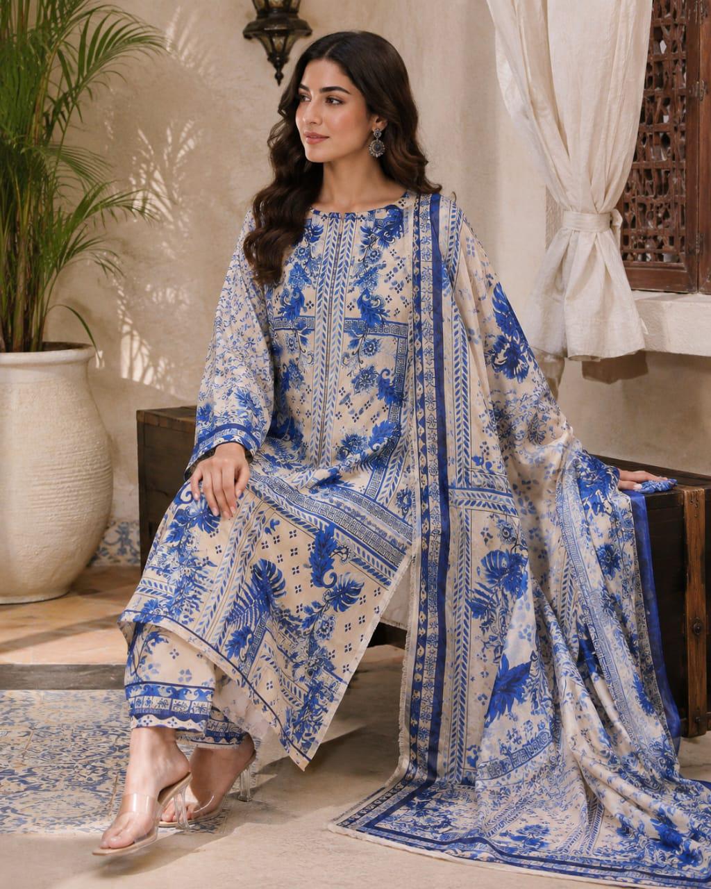 03 Piece Printed Shamooz Silk Suit - Ready To Wear