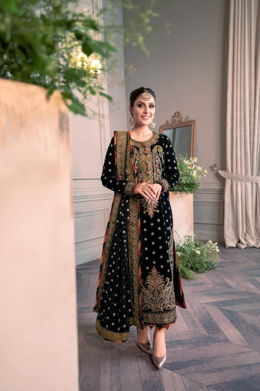 03 Piece Embroidered Velvet Suit - Ready To Wear