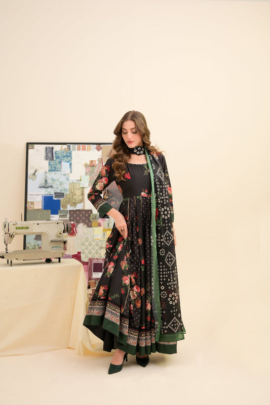 03-Piece Printed Lawn Frock With Silk Dupatta | Ready To Wear