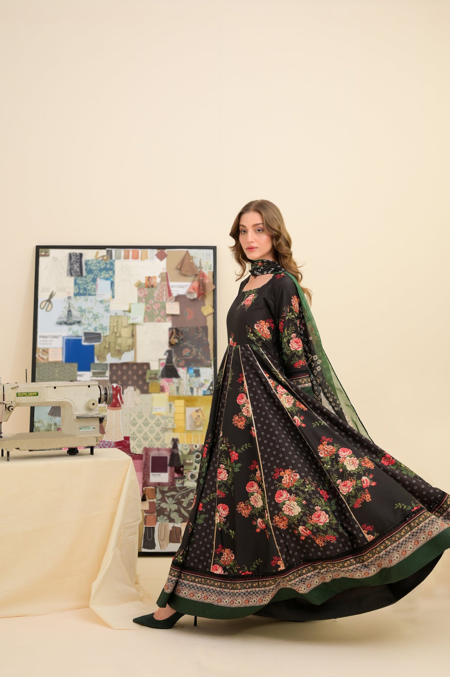 03-Piece Printed Lawn Frock With Silk Dupatta | Ready To Wear
