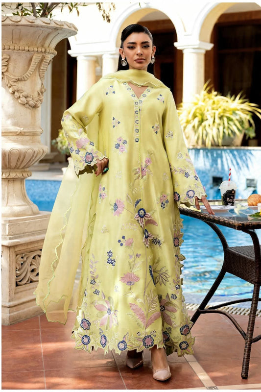Lime Green Pure Silk Embroidered Kaftan 3-Piece Suit | Ready To Wear