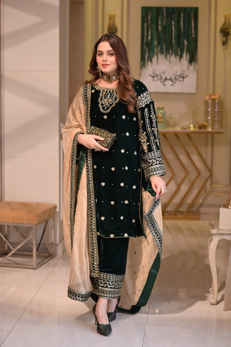03 Piece Luxury Velvet Embroidered Suit - Ready To Wear