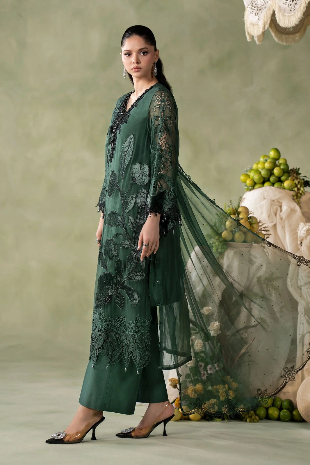 3 Piece Embroidered Hand-Embellished Bamber Chiffon Suit | Bottle Green | Ready to Wear