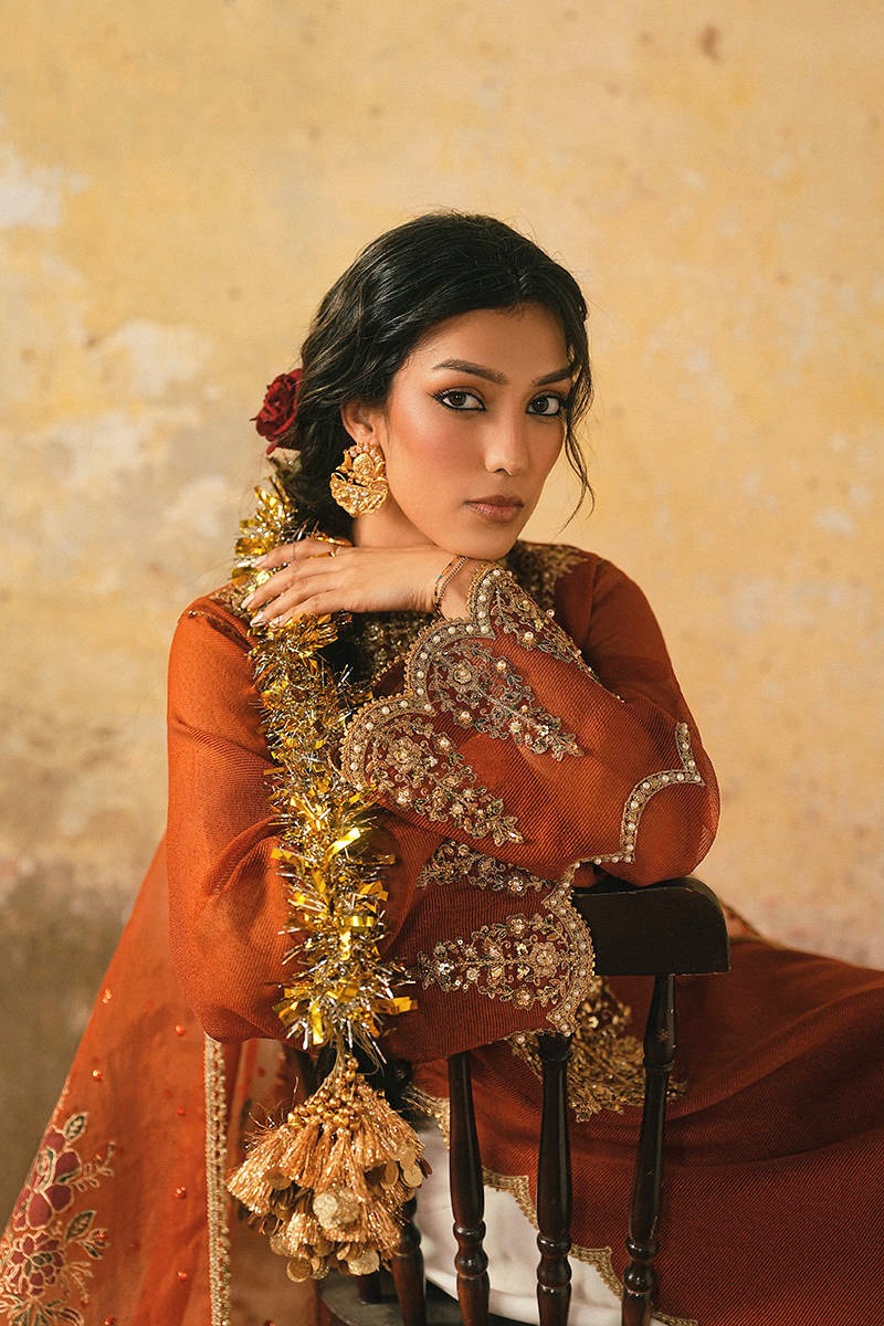Burnt Orange Luxury Formal Wedding Embroidered 3-Piece suit – Raw Silk | Ready to Wear