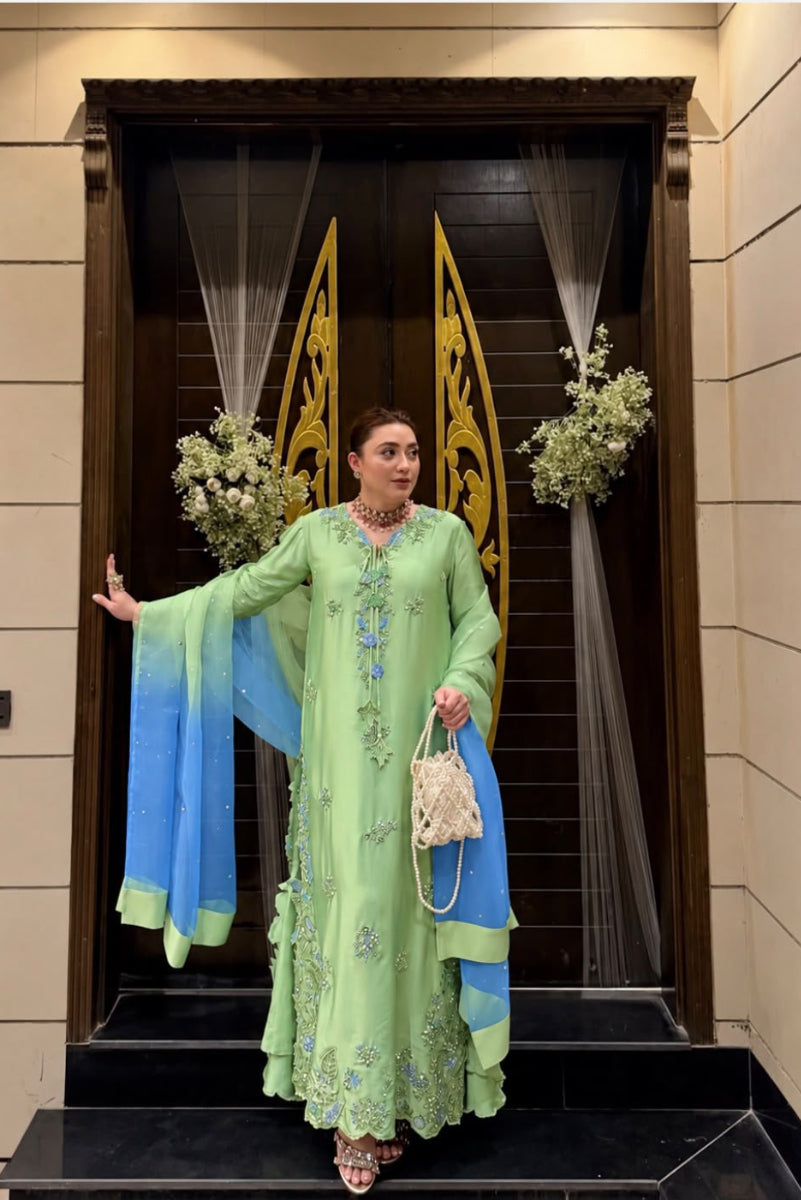 Silk Mint Green Embroidered 3-Piece Suit | Ready-to-Wear
