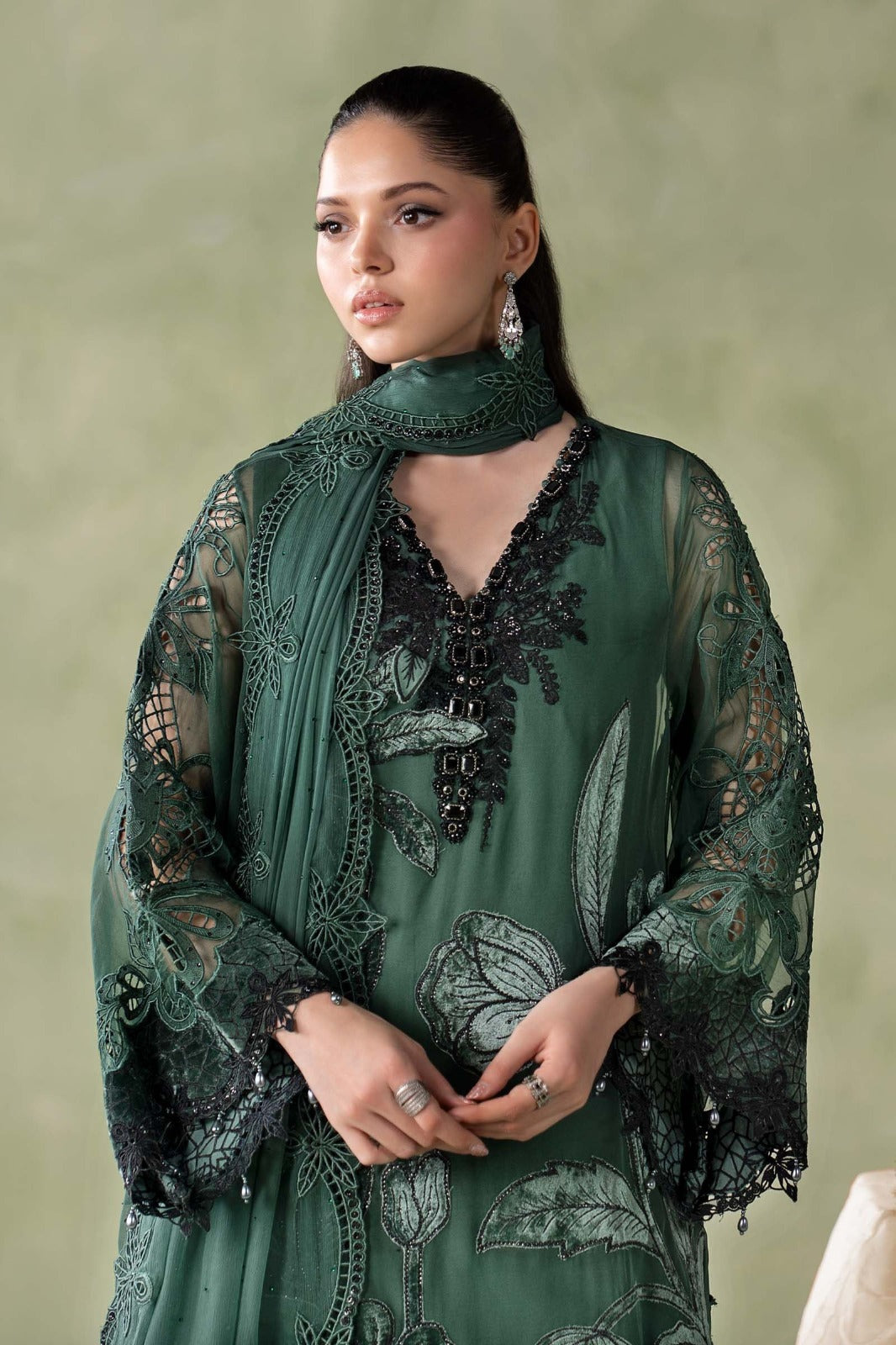 3 Piece Embroidered Hand-Embellished Bamber Chiffon Suit | Bottle Green | Ready to Wear