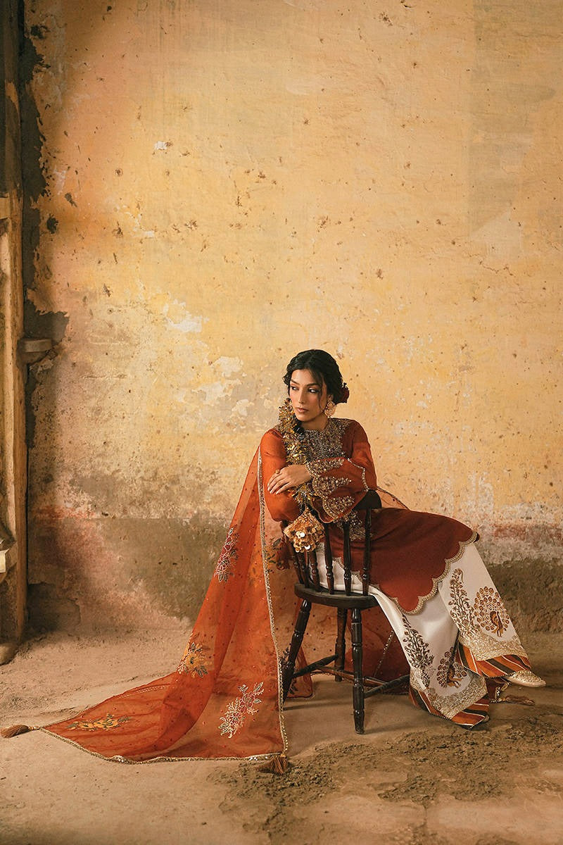Burnt Orange Luxury Formal Wedding Embroidered 3-Piece suit – Raw Silk | Ready to Wear