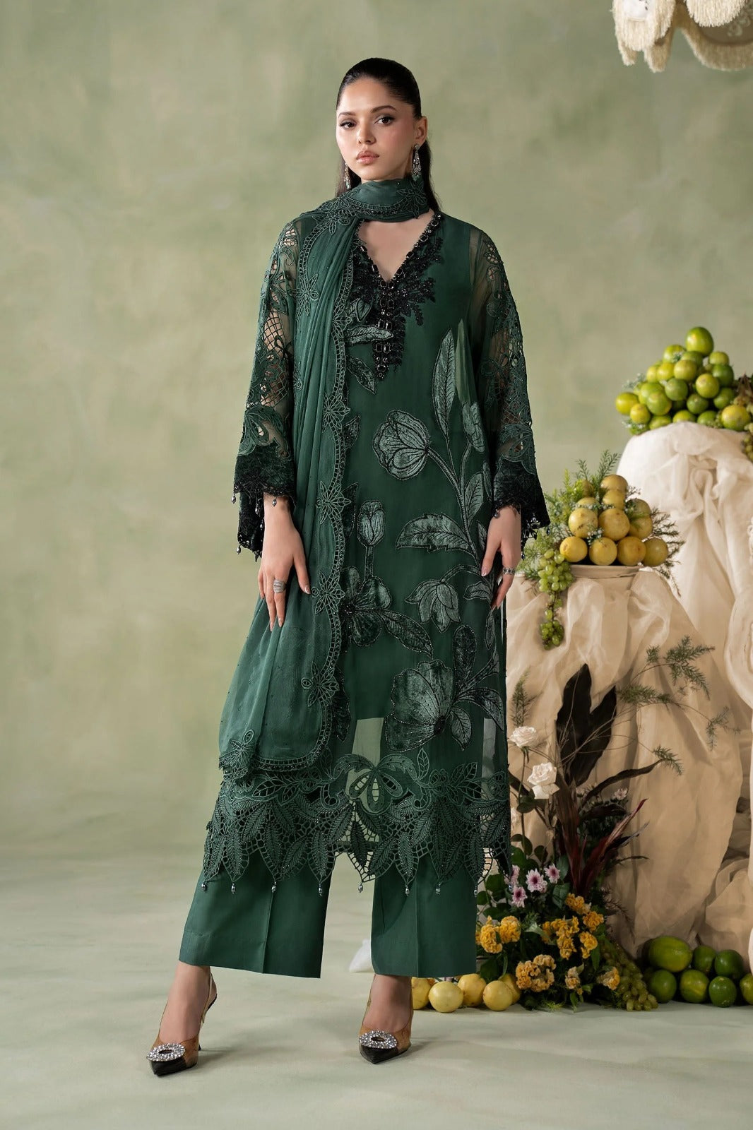 3 Piece Embroidered Hand-Embellished Bamber Chiffon Suit | Bottle Green | Ready to Wear