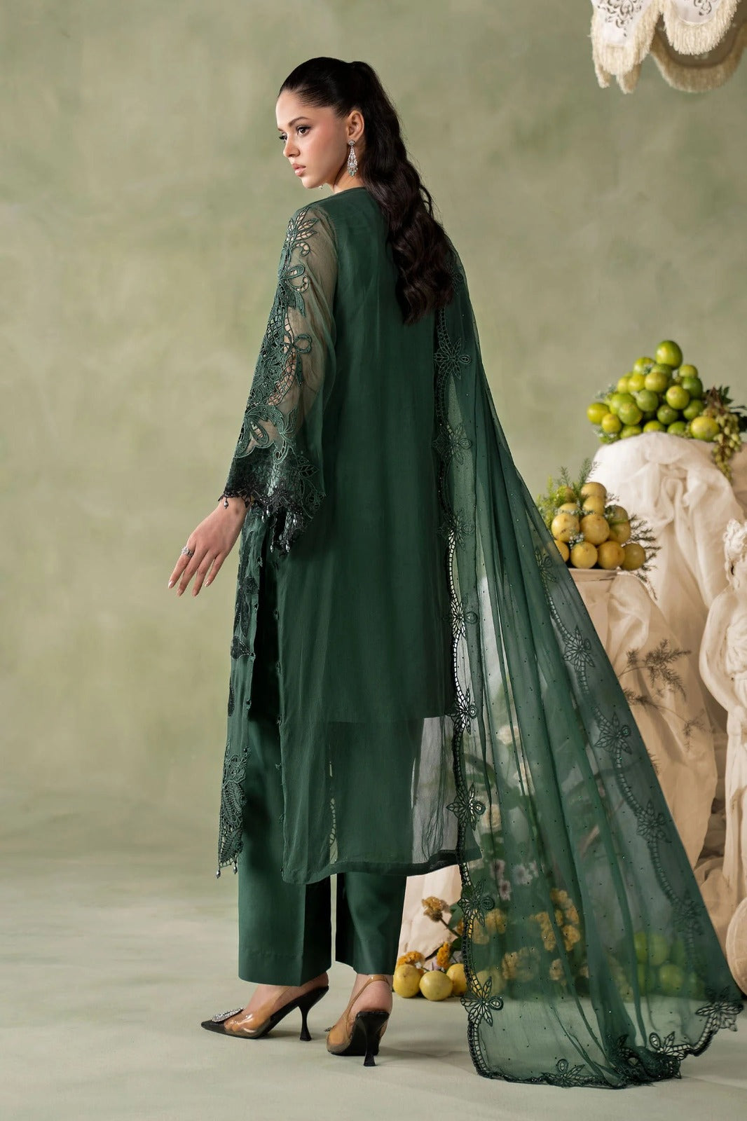 3 Piece Embroidered Hand-Embellished Bamber Chiffon Suit | Bottle Green | Ready to Wear