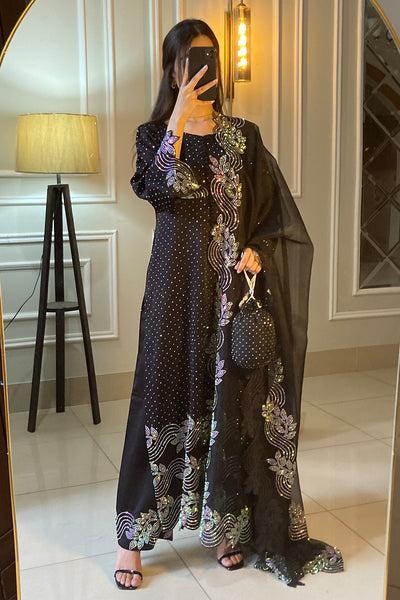 Black Straight Cut Shirt with Rhinestone Wave Motifs Dress