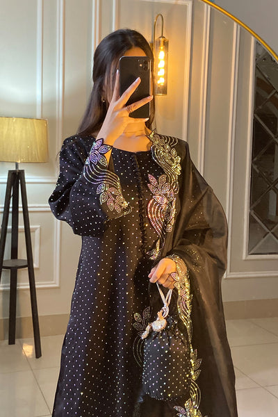 Black Straight Cut Shirt with Rhinestone Wave Motifs Dress